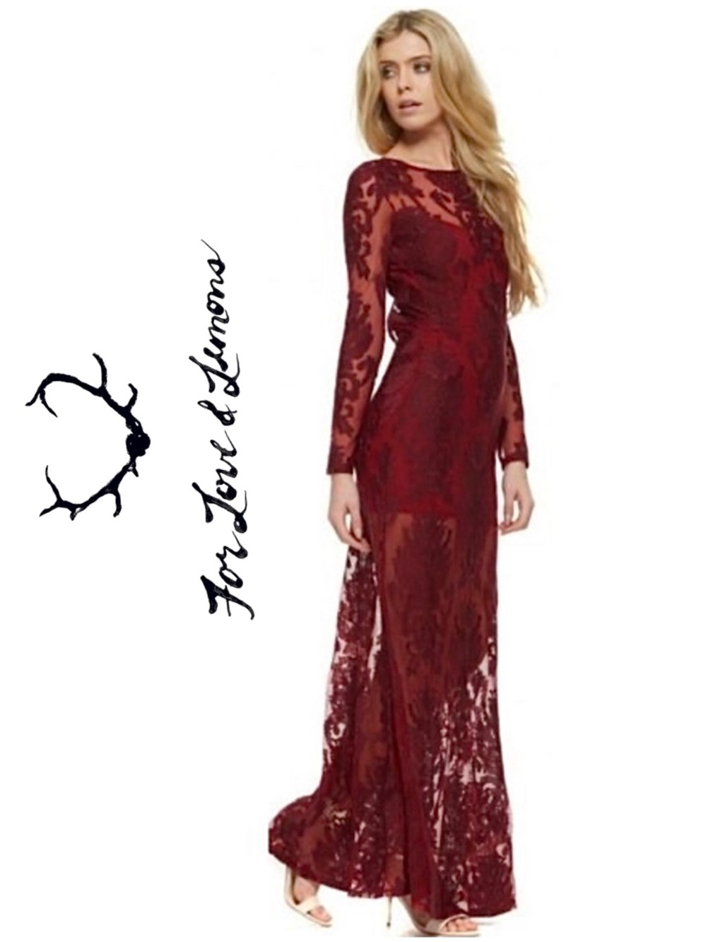 🌹NWT For Love and Lemons Ethereal Lace Maxi Dress Red Size Small
